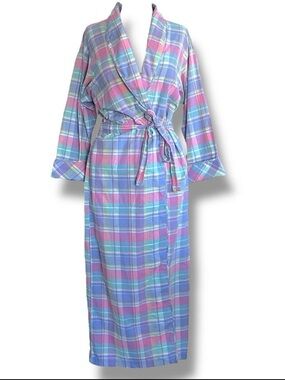 L.L. Bean Vintage Plaid Cotton Robe Womens Small Long Sleeve Pastel